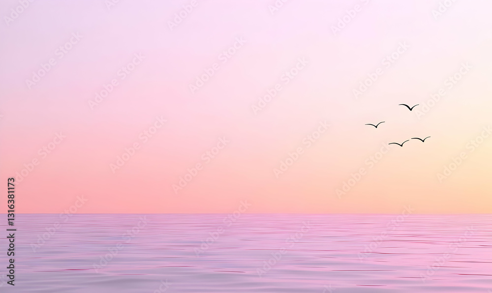 Serene Ocean Sunset with Soft Colors and Flying Birds in Sky Serene Ocean Sunset with Soft Colors and Flying Birds in Sky