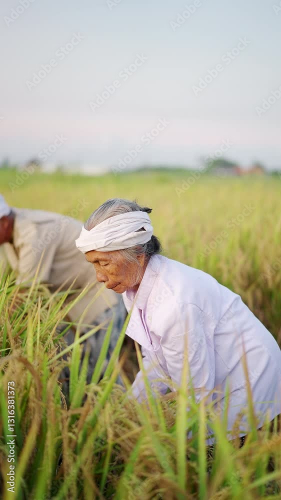 Old asian rice farmer in developing country harvesting crop on farm, women in agriculture, paddy field, bali, indonesia, indonesian people, woman Old asian rice farmer in developing country harvesting crop on farm, women in agriculture, paddy field, bali, indonesia, indonesian people, woman