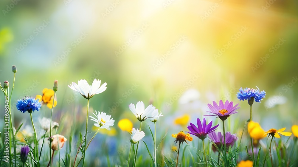 Vibrant Wildflower Meadow Sunny Summer Day Bloom blue field white green daisy flora image Vibrant Wildflower Meadow Sunny Summer Day Bloom blue field white green daisy flora image
