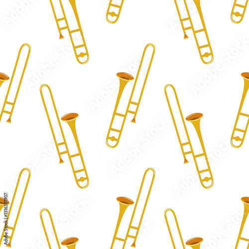 Bright yellow trombone pattern on a white background suitable for music-themed designs