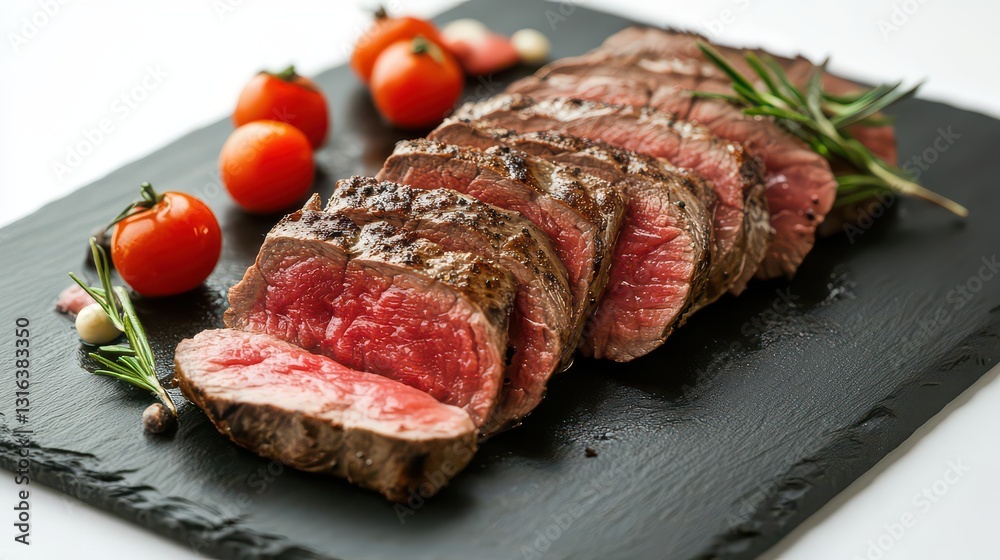 Artistic plating of gourmet food on a black slate plate in a luxurious fine dining restaurant. Artistic plating of gourmet food on a black slate plate in a luxurious fine dining restaurant.