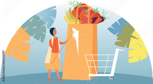 A girl stands next to a large grocery bag, holding a paint roller and painting a bag of food with white paint. An empty grocery cart from a supermarket stands nearby