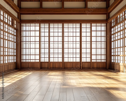 Empty Japanese-style room with shoji screens and wooden floors.