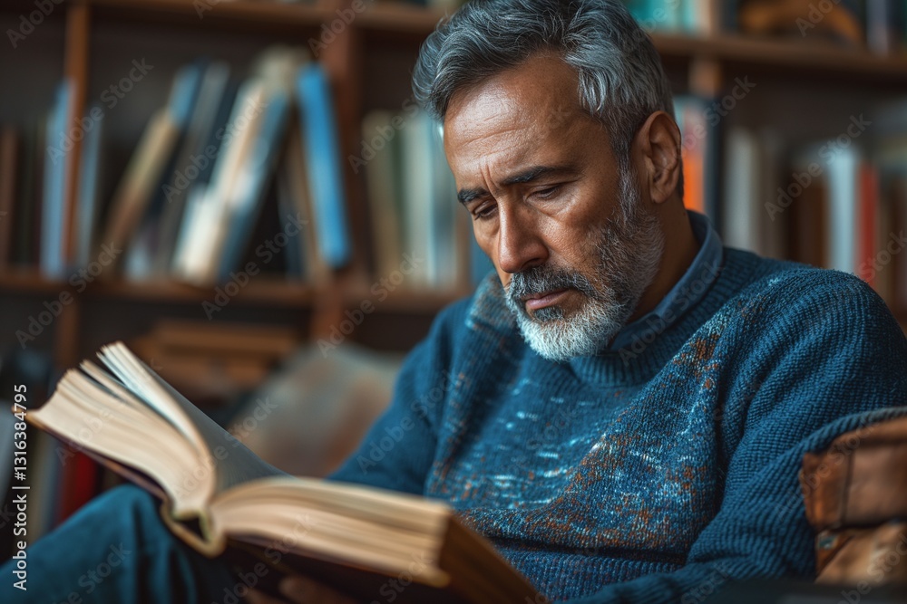 Middle-aged man of Middle Eastern descent reading a book in a cozy library setting. Middle-aged man of Middle Eastern descent reading a book in a cozy library setting.