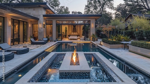 Symmetrical Pool and Sunken Fire Lounge with Bold Patterns in a Modern Garden Terrace