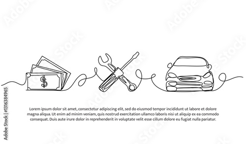 Continuous one line design of money tools and car. Minimalist style vector illustration on white background.