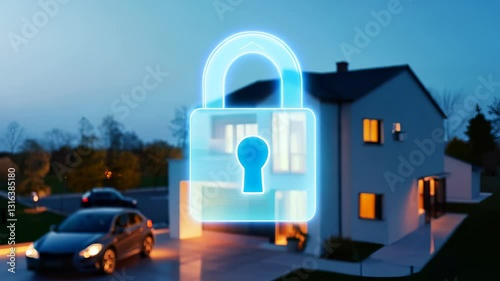 House with orange glowing padlock on front wall, symbolizing home security