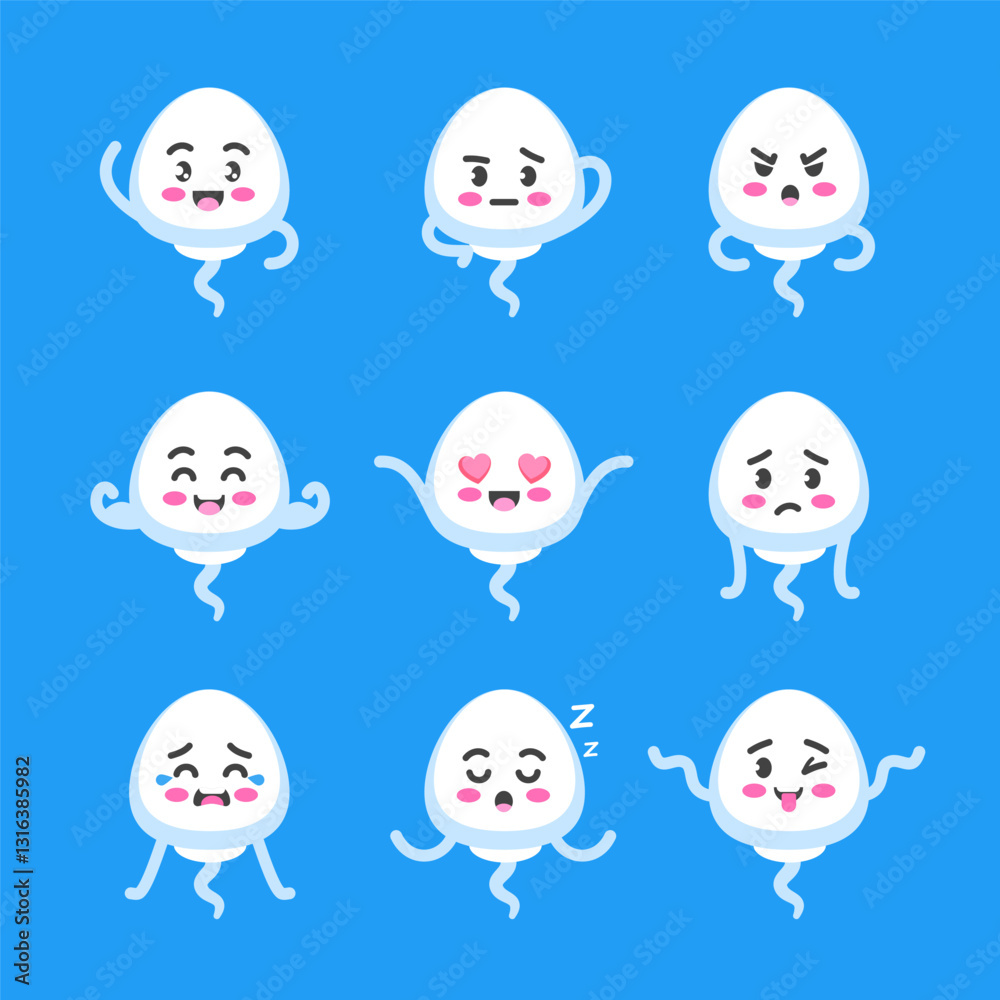 Sperm character poses and emotions set, mascot of medicine, biology, reproduction and family planning in cartoon kawaii style Sperm character poses and emotions set, mascot of medicine, biology, reproduction and family planning in cartoon kawaii style
