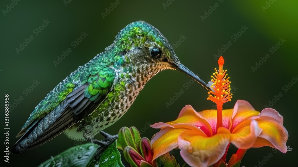 Obraz premium Hummingbird feeding on a vibrant orange flower. Nature's beauty captured in stunning detail.