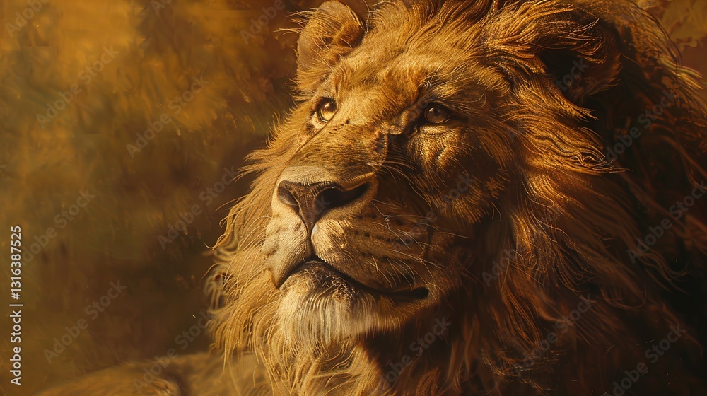 A close-up of a painting of a majestic lion in a savannah setting, against a solid background.