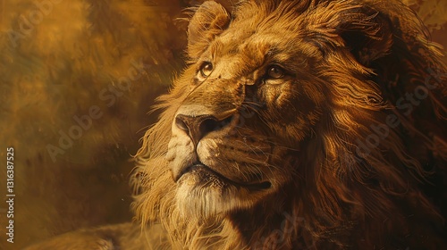 Obraz na płótnie A close-up of a painting of a majestic lion in a savannah setting, against a solid background. w salonie