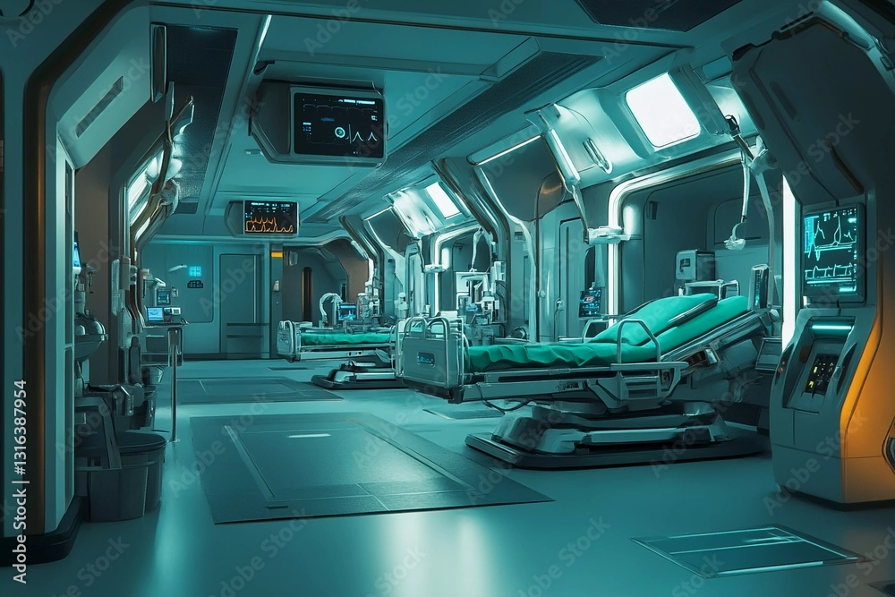 Obraz premium Futuristic hospital interior with advanced technology and sterile environment