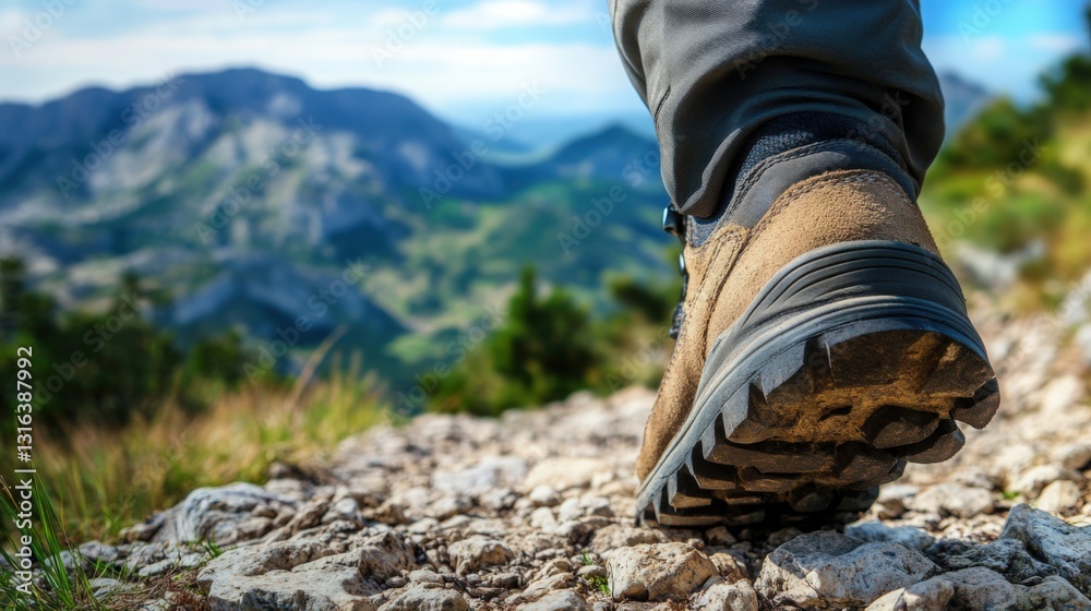 Hiking boots on mountain path Hiking boots on mountain path