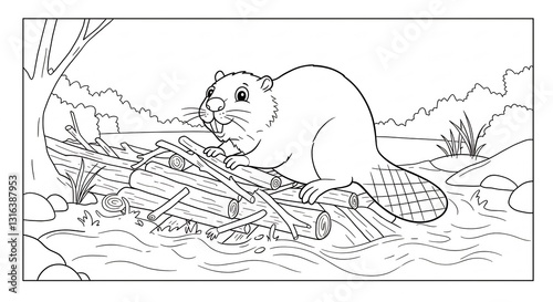 Cute beaver diligently works building dam near tranquil riverbank. AI Generated
