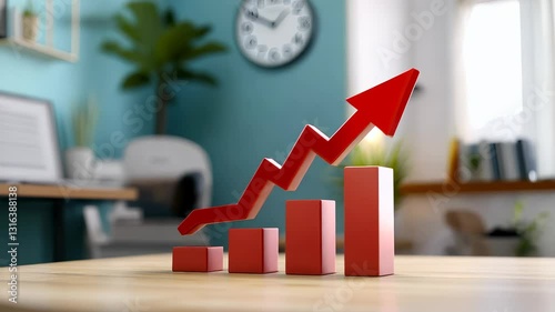 Red arrow pointing up on bar graph representing growth