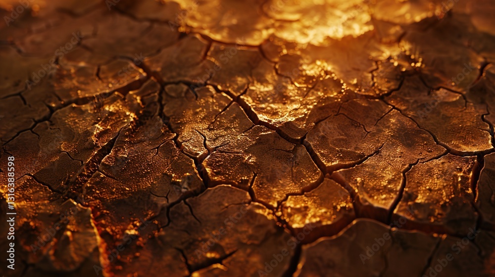 A close-up of a parched, dry soil with deep cracks, displayed against a solid background.