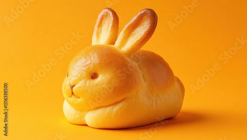 Cute rabbit-shaped bread bun with a glossy finish sitting on a bright yellow background perfect for bakery advertising photo