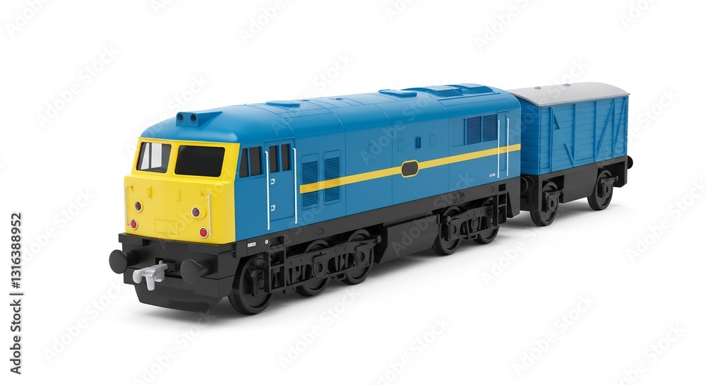 Blue diesel locomotive model train set brightly lit studio shot. AI Generated Blue diesel locomotive model train set brightly lit studio shot. AI Generated