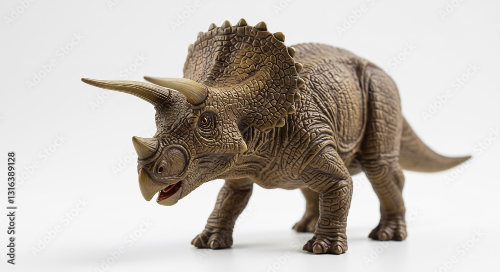 Fototapeta premium Intricate Triceratops model powerfully posed against bright white background. AI Generated