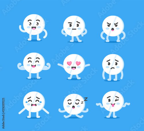 Pill character set poses and emotions, mascot of treatment, pharmaceuticals and drugstores in cartoon kawaii style