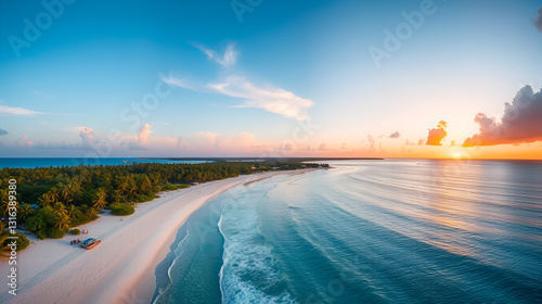 aerial panoramic view of seven mile beach in the tropical paradise of the cayman islands in the caribbean sea after sunset