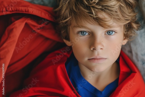 A focused young Caucasian boy with tousled blond hair, wearing a blue shirt, wrapped in a red blanket, exuding curiosity.