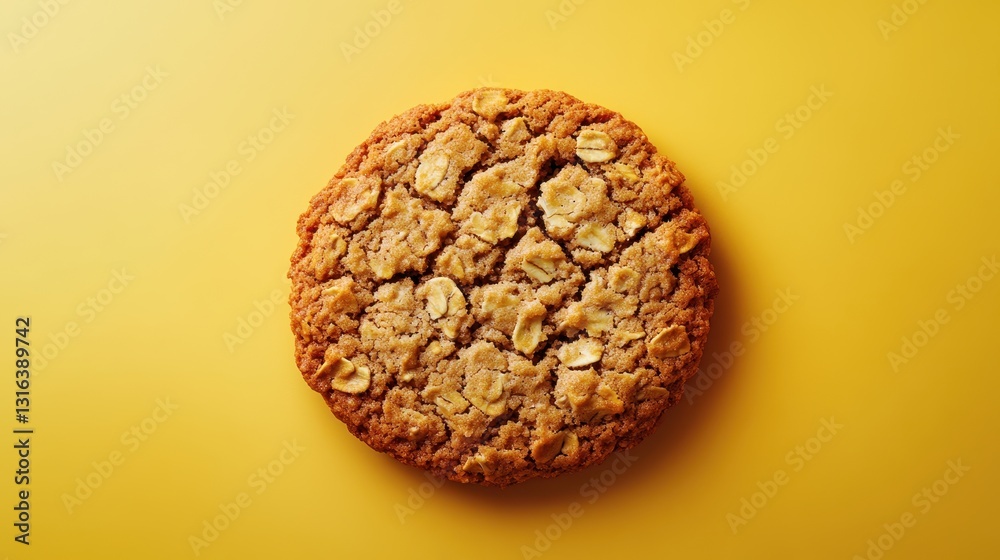 A delectable oatmeal cookie, bathed in the soft glow of studio overhead lighting, stands majestically on a pale yellow background, its golden hue radiating warmth and inviting texture. The cookie is A delectable oatmeal cookie, bathed in the soft glow of studio overhead lighting, stands majestically on a pale yellow background, its golden hue radiating warmth and inviting texture. The cookie is