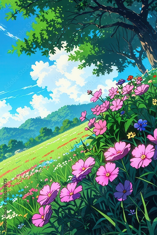 Obraz premium A beautiful flowery meadow scene featuring rolling green hills and blue skies