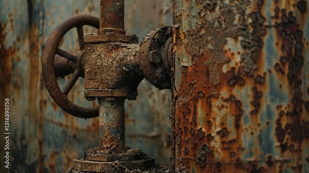 A close-up of a rusty, unused water pump, set against a solid background.