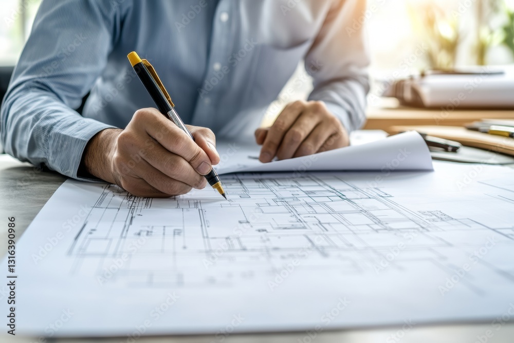 An architect meticulously examines blueprints for a sustainable building project, utilizing eco-friendly materials and designs in a bright, organized office setting An architect meticulously examines blueprints for a sustainable building project, utilizing eco-friendly materials and designs in a bright, organized office setting