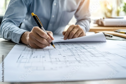 An architect meticulously examines blueprints for a sustainable building project, utilizing eco-friendly materials and designs in a bright, organized office setting