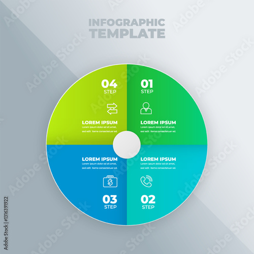 Circular infographic template; four steps; gray background; process guide