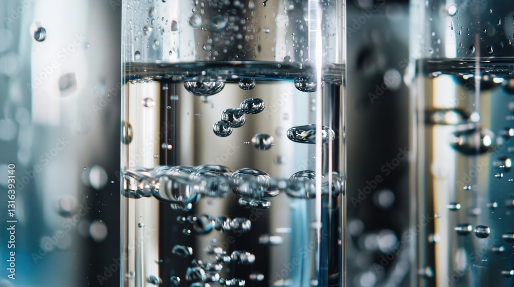 A close-up of a water filtration system, with clear and dirty water sections, set against a solid background.