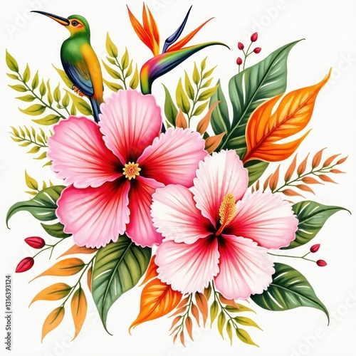 Bird of Paradise Flower with Fern Leaves – Tropical Botanical Art