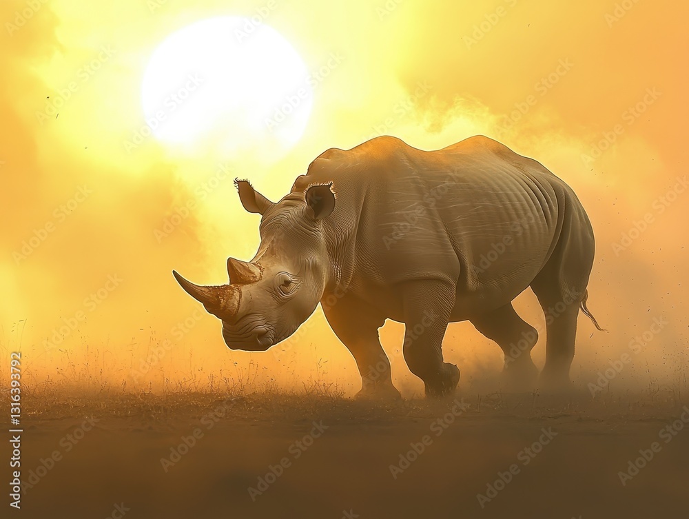 Obraz premium Majestic Rhinoceros Walking Through Fog Against Sunset Background