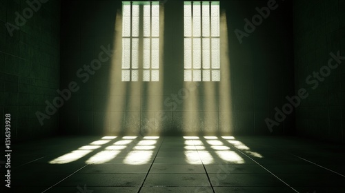 A dimly lit room with two barred windows casting shadows on the floor  creating a moody and atmospheric scene.