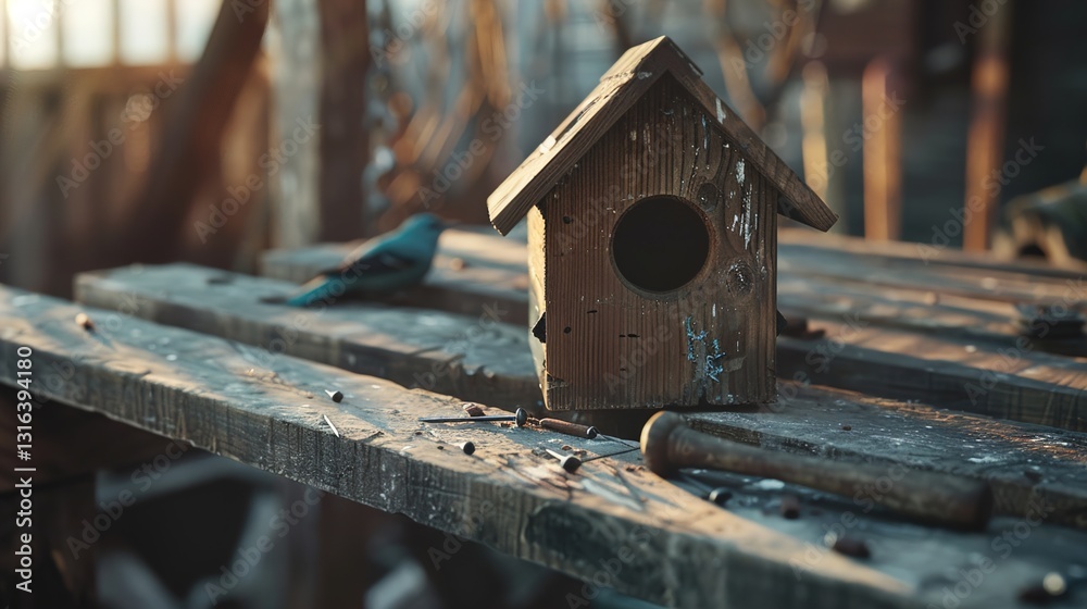A close-up of a wooden birdhouse in progress, with nails and a hammer lying nearby.