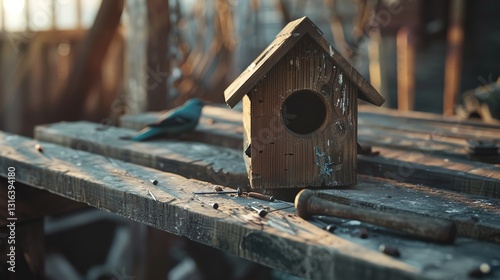 A close-up of a wooden birdhouse in progress, with nails and a hammer lying nearby.