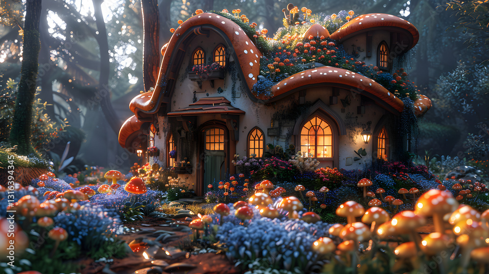 Fototapeta premium Enchanted cottage surrounded by vibrant flowers and mushrooms in a mystical forest setting