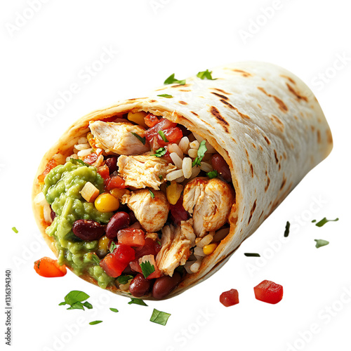 A Fresh Chicken Burrito with Beans Rice Salsa and Guac Isolated on Transparent Background