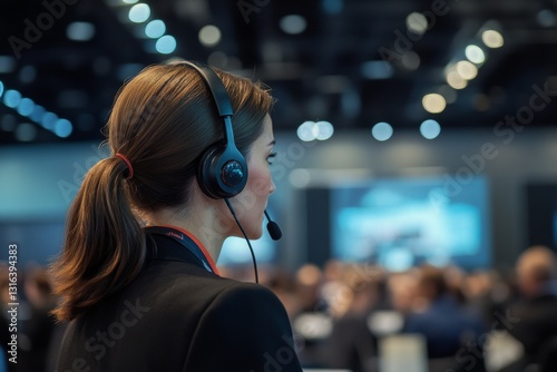 A focused interpreter, wearing a headset, translates in real-time for a diverse audience in a bustling conference room, capturing the energy of the event