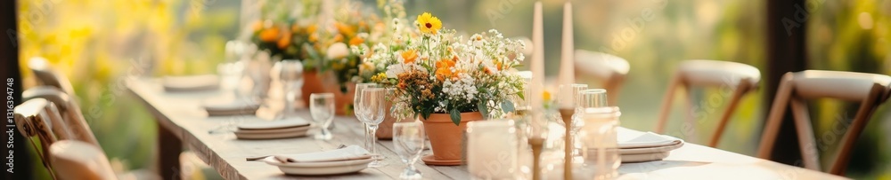 Long reception table decorated with wildflower bouquets and vintage candles, creating a dreamy ambiance Long reception table decorated with wildflower bouquets and vintage candles, creating a dreamy ambiance
