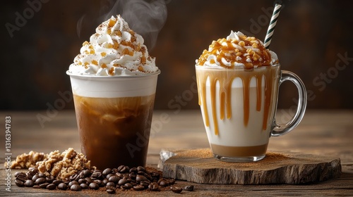 A steaming cup of coffee adorned with a generous drizzle of caramel, its aroma filling the air, alongside a refreshing caramel frappuccino, offering a sweet and creamy escape.