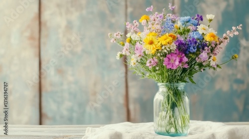 Seasonal wildflowers in a glass bottle add rustic charm to a linen cloth, capturing serenity