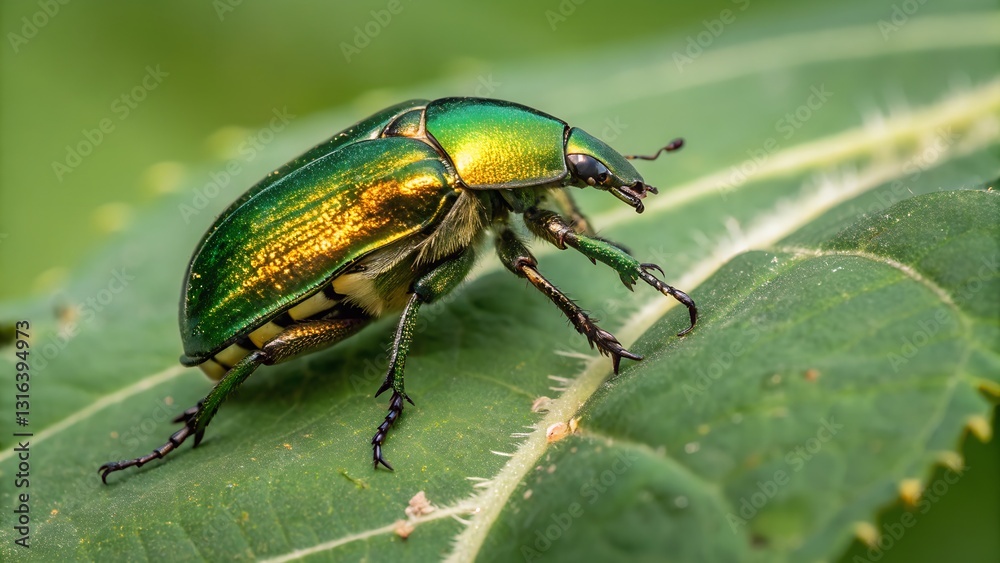 Golden Green Beetle on Leaf: A vibrant close-up of a rose chafer beetle, showcasing its iridescent golden-green shell and intricate details, perched delicately on a lush green leaf. Golden Green Beetle on Leaf: A vibrant close-up of a rose chafer beetle, showcasing its iridescent golden-green shell and intricate details, perched delicately on a lush green leaf.