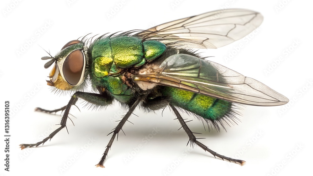 Fototapeta premium Green Fly in Focus: A detailed, close-up shot of a vibrant green fly showcases its iridescent body, large compound eyes, and delicate wings.