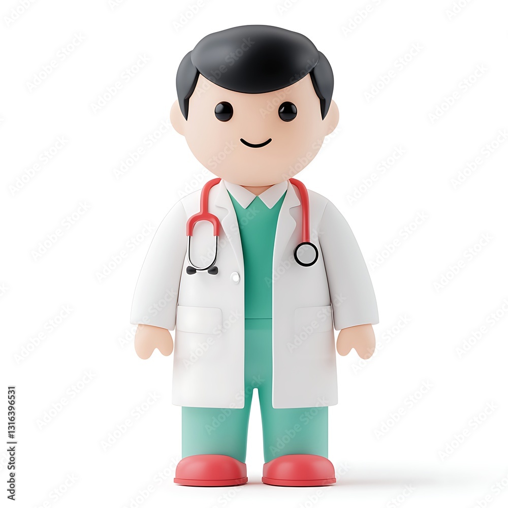 A playful doctor figurine with a stethoscope, dressed in scrubs and a white coat, representing healthcare and medical professions. A playful doctor figurine with a stethoscope, dressed in scrubs and a white coat, representing healthcare and medical professions.