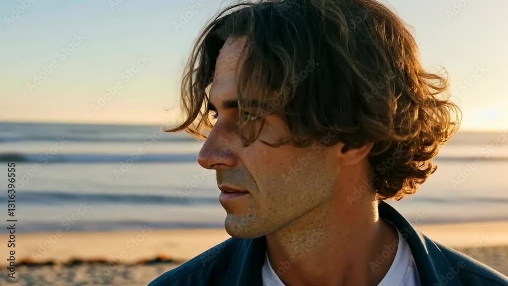 Thoughtful man gazing at sunset beach capturing serene ocean waves and calm horizon Thoughtful man gazing at sunset beach capturing serene ocean waves and calm horizon