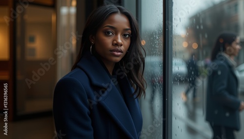  Woman in a blue coat looking out a window