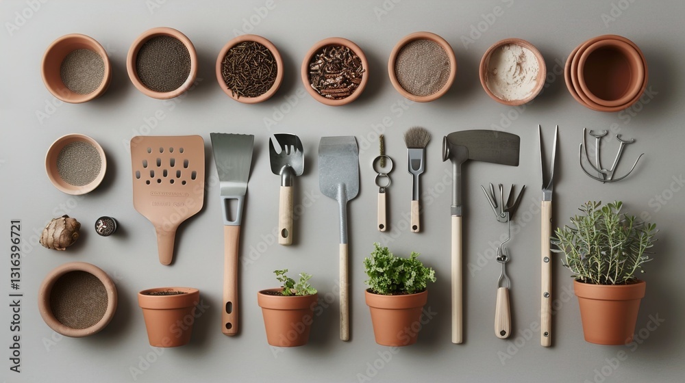 A collection of garden tools, pots, and seeds arranged for a DIY planting project on a solid background.